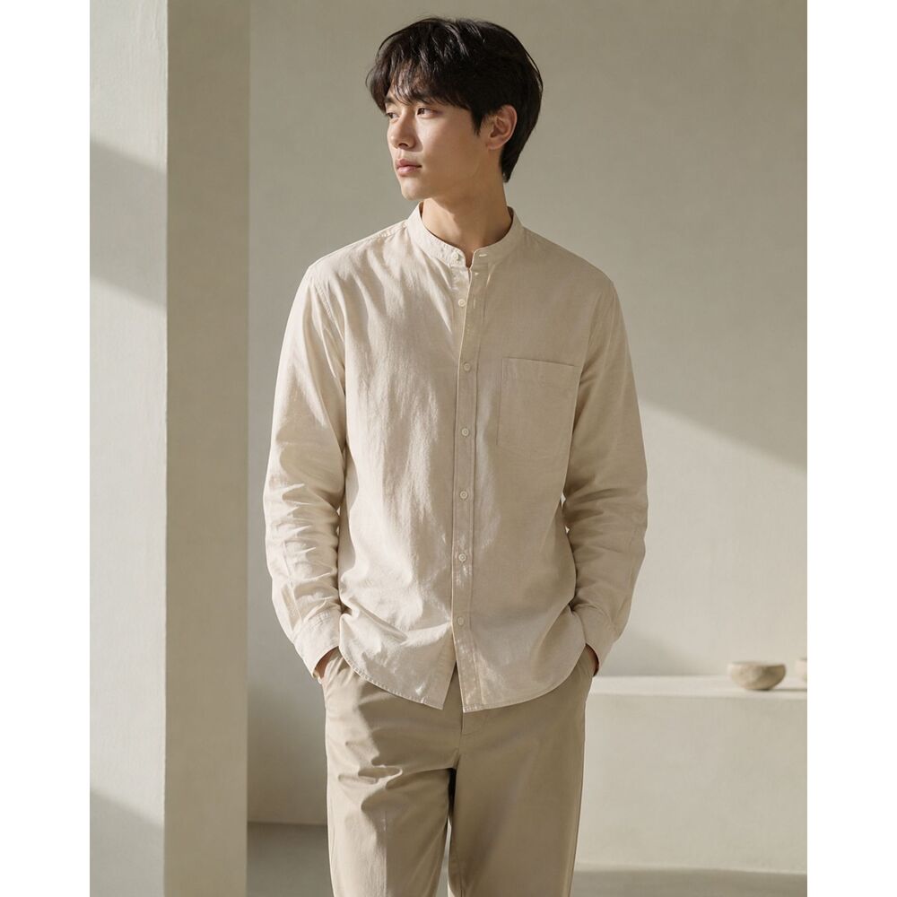 UNIQLO Men’s Small Beige Linen Cotton Blend Button Down Shirt Minimalist